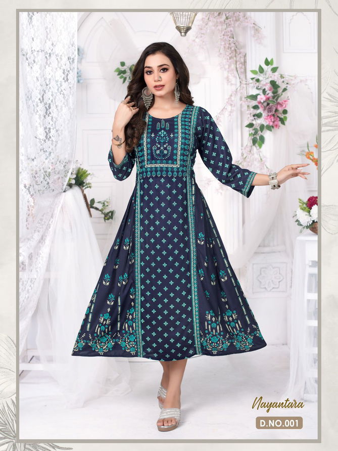 Ft Golden Nayantara Rayon Printed Long Kurti Catalog
